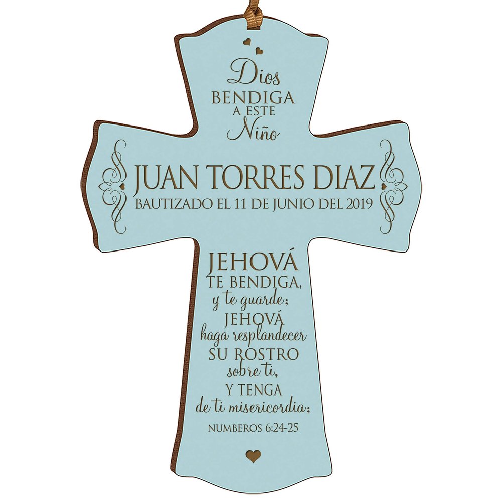 LifeSong Milestones Personalized Baptism Mini Wall Cross Ornament with Spanish Verse - The Lord Bless You Baptism Cross for Baby Boys Christening First Communion Baptism Gift (Blue)