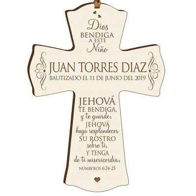 LifeSong Milestones Personalized Baptism Mini Wall Cross Ornament with Spanish Verse - The Lord Bless You Baptism Cross for Baby Boys Christening First Communion Baptism Gift (Ivory)