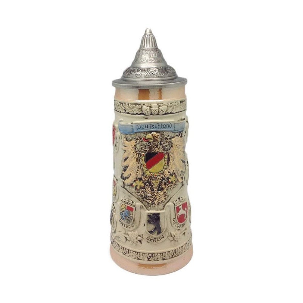 1.1 Liter | OktoberfestHaus Tankard Beer Stein Engraved Collectible Bier Krug With Lid German Adler (Eagle) Midieval Coat Of Arms Beer Mugs for Men