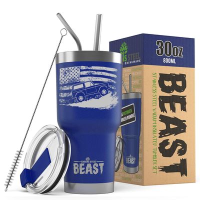 1966-77 Ford Bronco 4x4 American Flag BEAST 30 oz Stainless Steel Insulated Tumbler w/Lid, 2 Straws, Brush and Gift Box royal