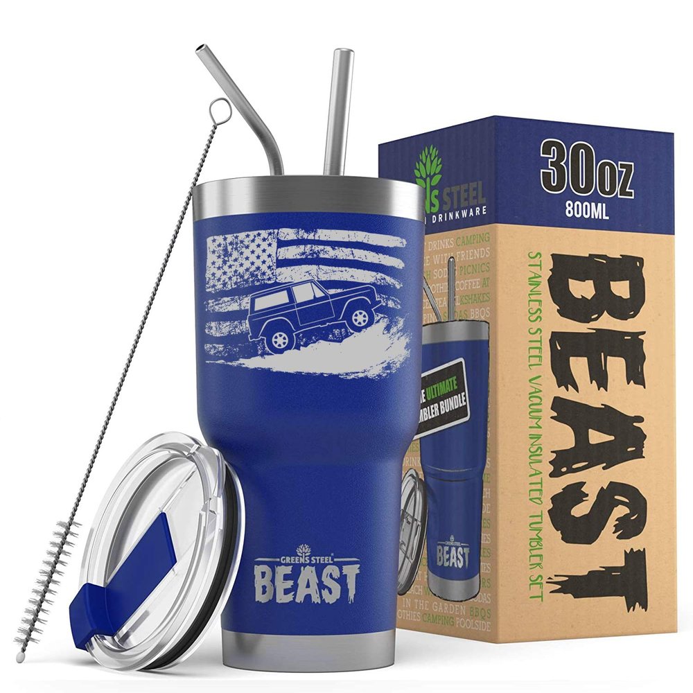 1966-77 Ford Bronco 4x4 American Flag BEAST 30 oz Stainless Steel Insulated Tumbler w/Lid, 2 Straws, Brush and Gift Box royal