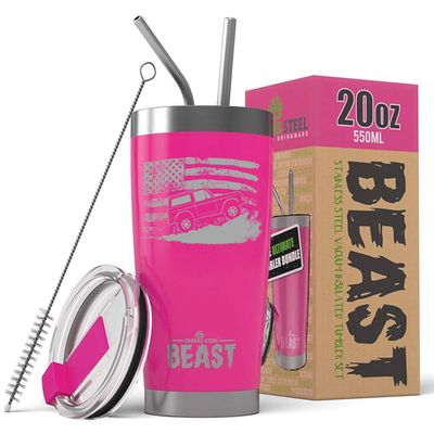 1966-77 Ford Bronco 4x4 American Flag BEAST 20 oz Stainless Steel Insulated Tumbler w/Lid, 2 Straws, Brush and Gift Box hotpink
