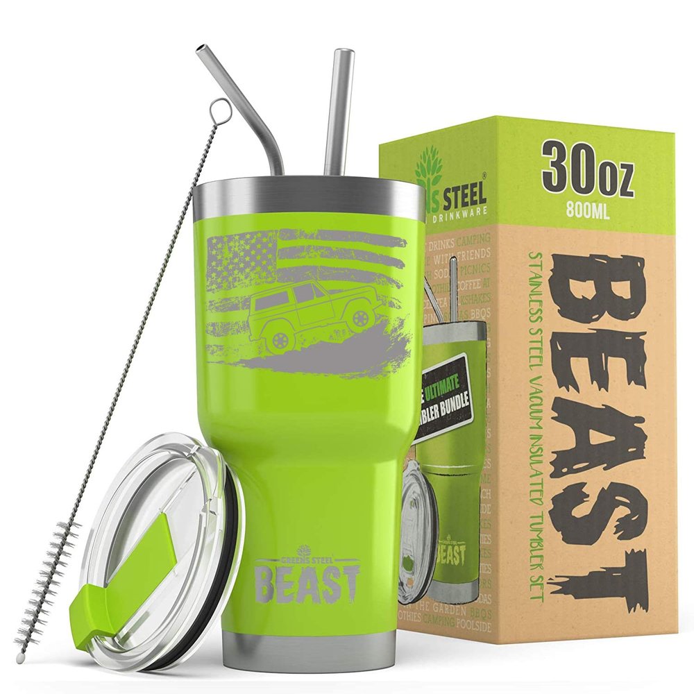 1966-77 Ford Bronco 4x4 American Flag BEAST 30 oz Stainless Steel Insulated Tumbler w/Lid, 2 Straws, Brush and Gift Box lime