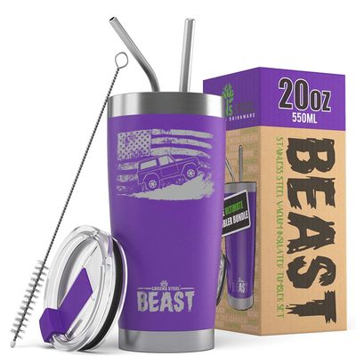 1966-77 Ford Bronco 4x4 American Flag BEAST 20 oz Stainless Steel Insulated Tumbler w/Lid, 2 Straws, Brush and Gift Box purple