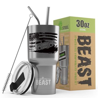 1966-77 Ford Bronco 4x4 American Flag BEAST 30 oz Stainless Steel Insulated Tumbler w/Lid, 2 Straws, Brush and Gift Box stainless