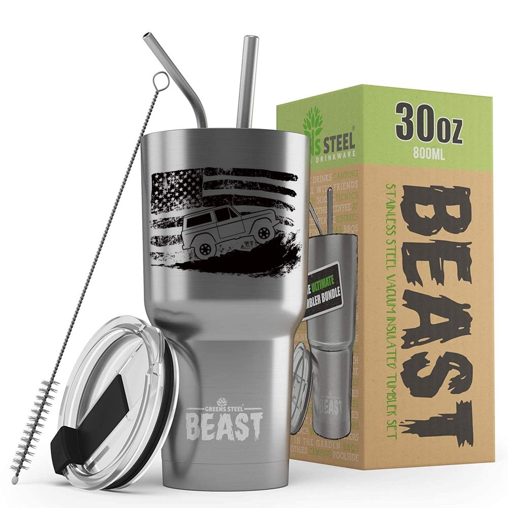 1966-77 Ford Bronco 4x4 American Flag BEAST 30 oz Stainless Steel Insulated Tumbler w/Lid, 2 Straws, Brush and Gift Box stainless