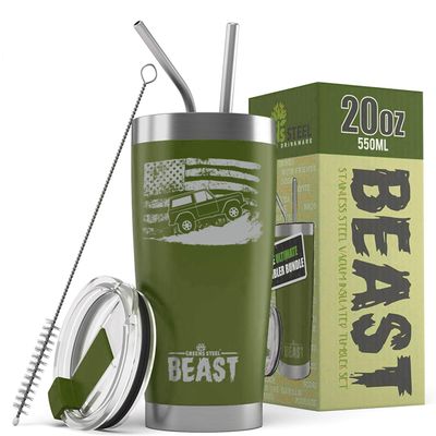 1966-77 Ford Bronco 4x4 American Flag BEAST 20 oz Stainless Steel Insulated Tumbler w/Lid, 2 Straws, Brush and Gift Box army