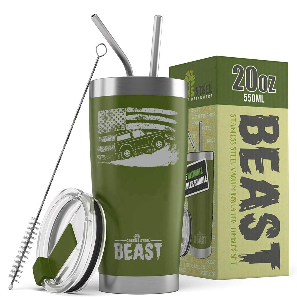 1966-77 Ford Bronco 4x4 American Flag BEAST 20 oz Stainless Steel Insulated Tumbler w/Lid, 2 Straws, Brush and Gift Box army