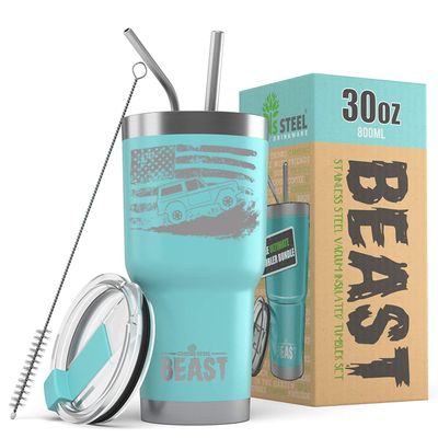1966-77 Ford Bronco 4x4 American Flag BEAST 30 oz Stainless Steel Insulated Tumbler w/Lid, 2 Straws, Brush and Gift Box aqua