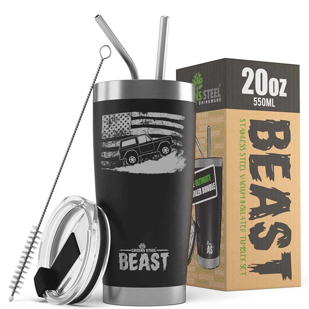 1966-77 Ford Bronco 4x4 American Flag BEAST 20 oz Stainless Steel Insulated Tumbler w/Lid, 2 Straws, Brush and Gift Box black
