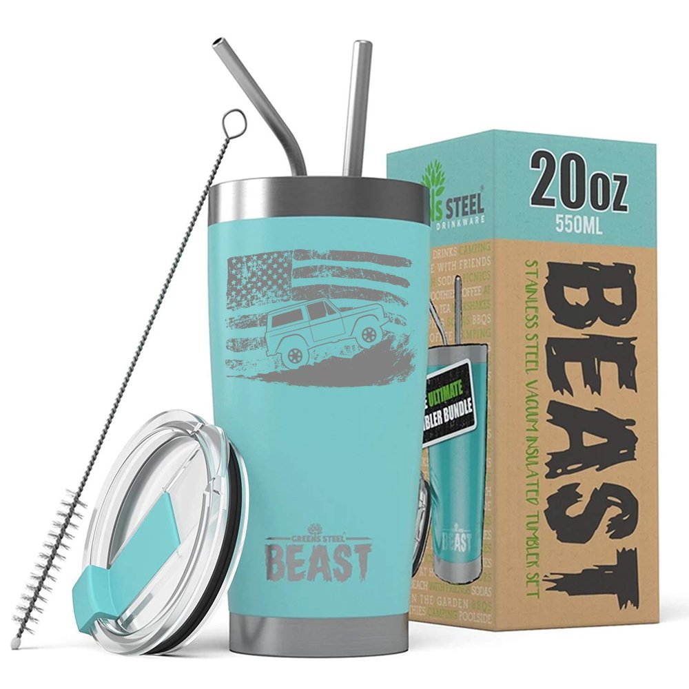 1966-77 Ford Bronco 4x4 American Flag BEAST 20 oz Stainless Steel Insulated Tumbler w/Lid, 2 Straws, Brush and Gift Box aqua