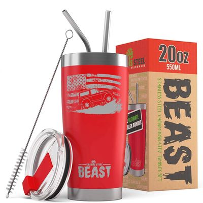 1966-77 Ford Bronco 4x4 American Flag BEAST 20 oz Stainless Steel Insulated Tumbler w/Lid, 2 Straws, Brush and Gift Box red