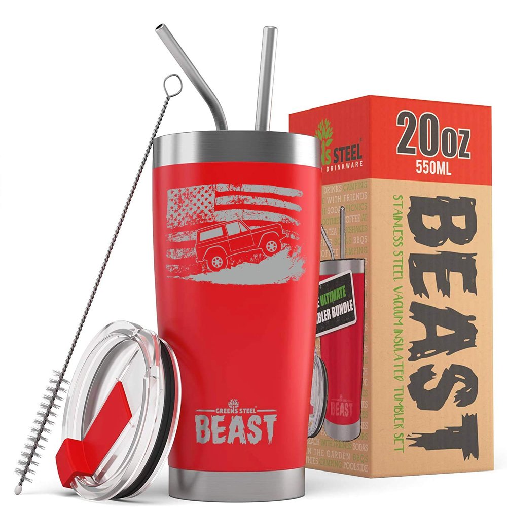 1966-77 Ford Bronco 4x4 American Flag BEAST 20 oz Stainless Steel Insulated Tumbler w/Lid, 2 Straws, Brush and Gift Box red