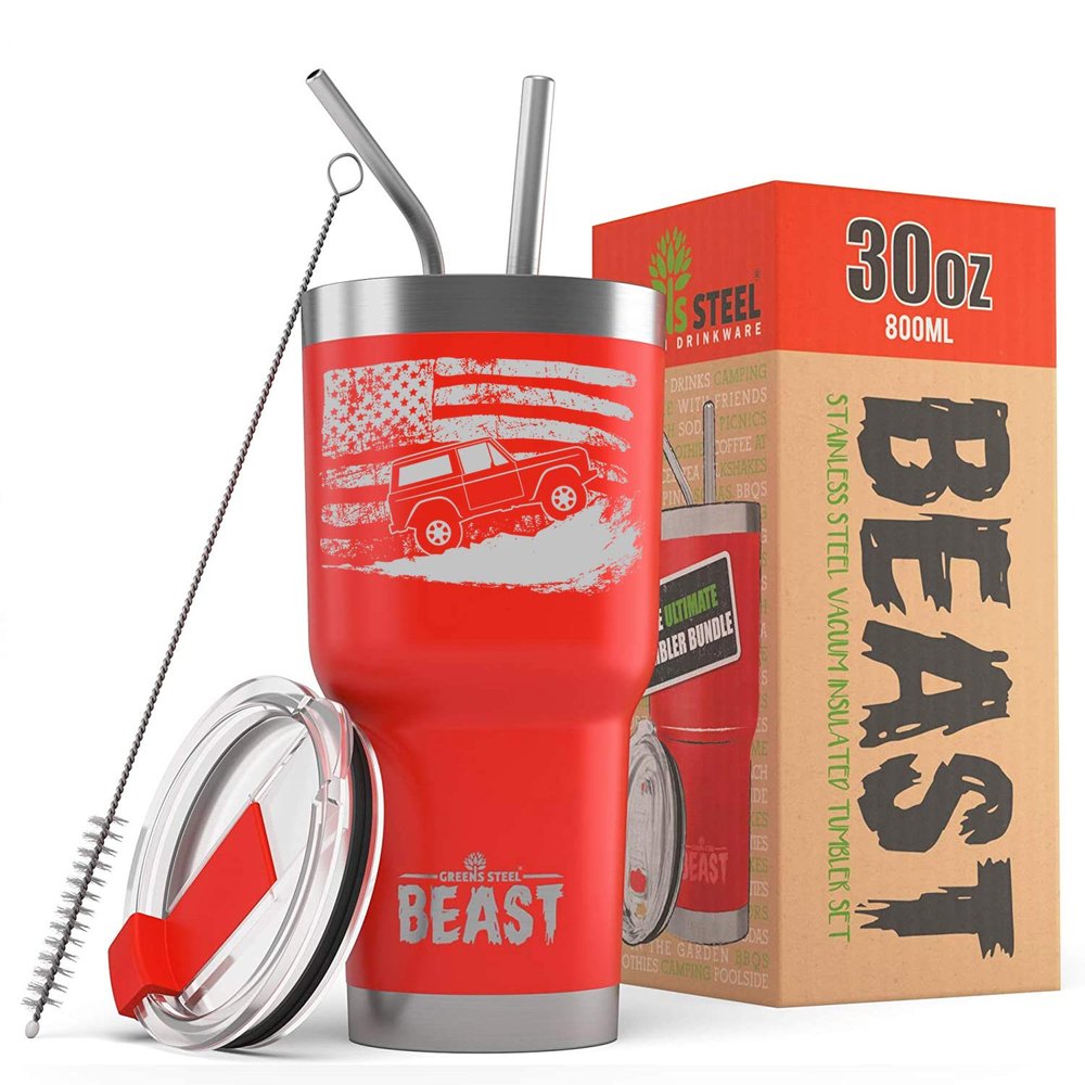 1966-77 Ford Bronco 4x4 American Flag BEAST 30 oz Stainless Steel Insulated Tumbler w/Lid, 2 Straws, Brush and Gift Box red