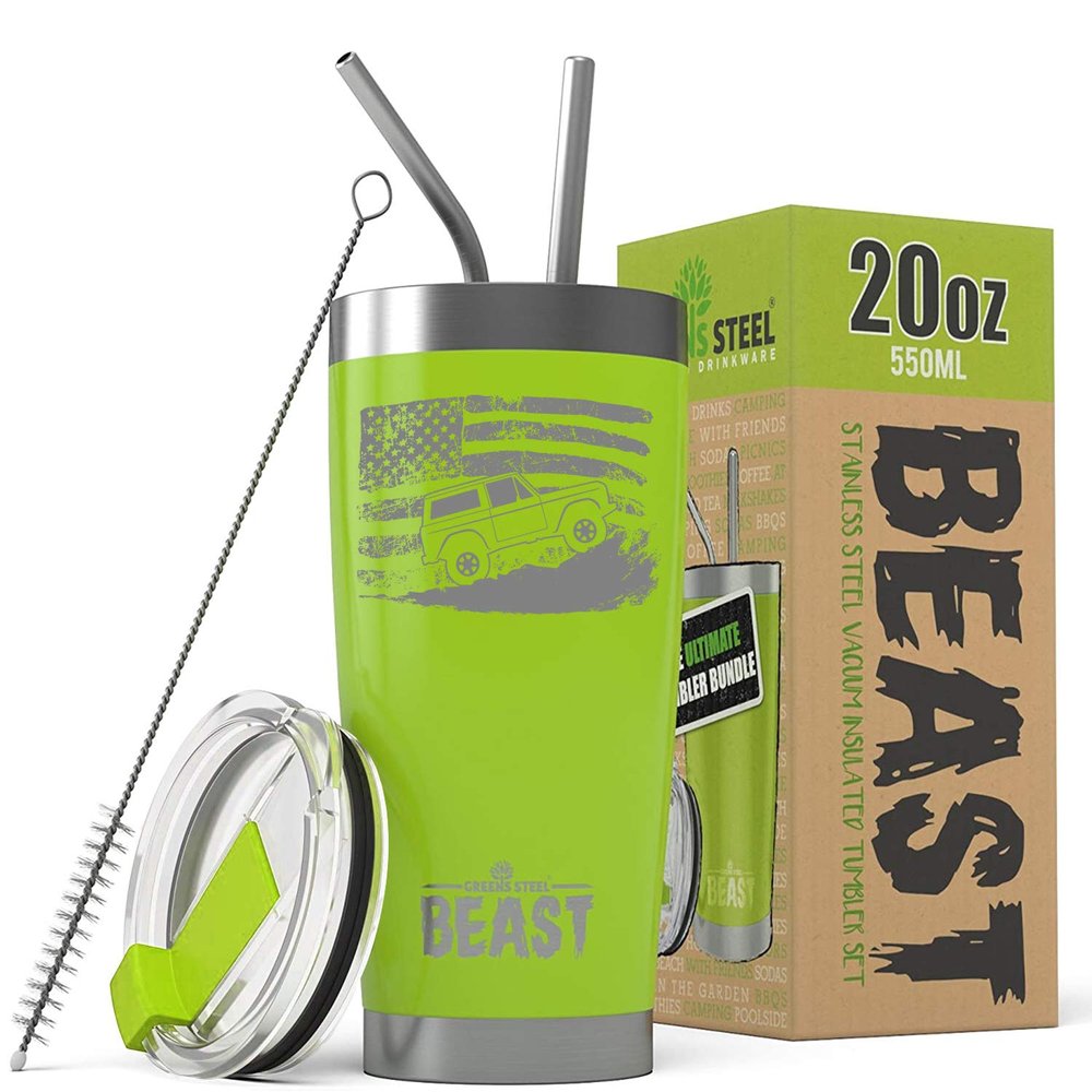 1966-77 Ford Bronco 4x4 American Flag BEAST 20 oz Stainless Steel Insulated Tumbler w/Lid, 2 Straws, Brush and Gift Box lime