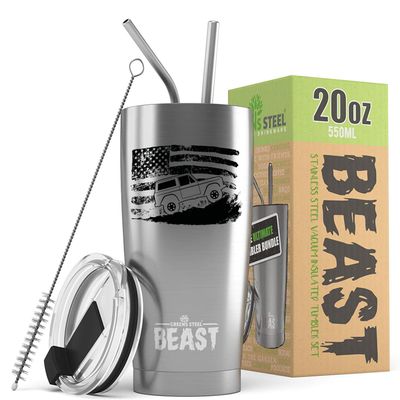 1966-77 Ford Bronco 4x4 American Flag BEAST 20 oz Stainless Steel Insulated Tumbler w/Lid, 2 Straws, Brush and Gift Box stainless
