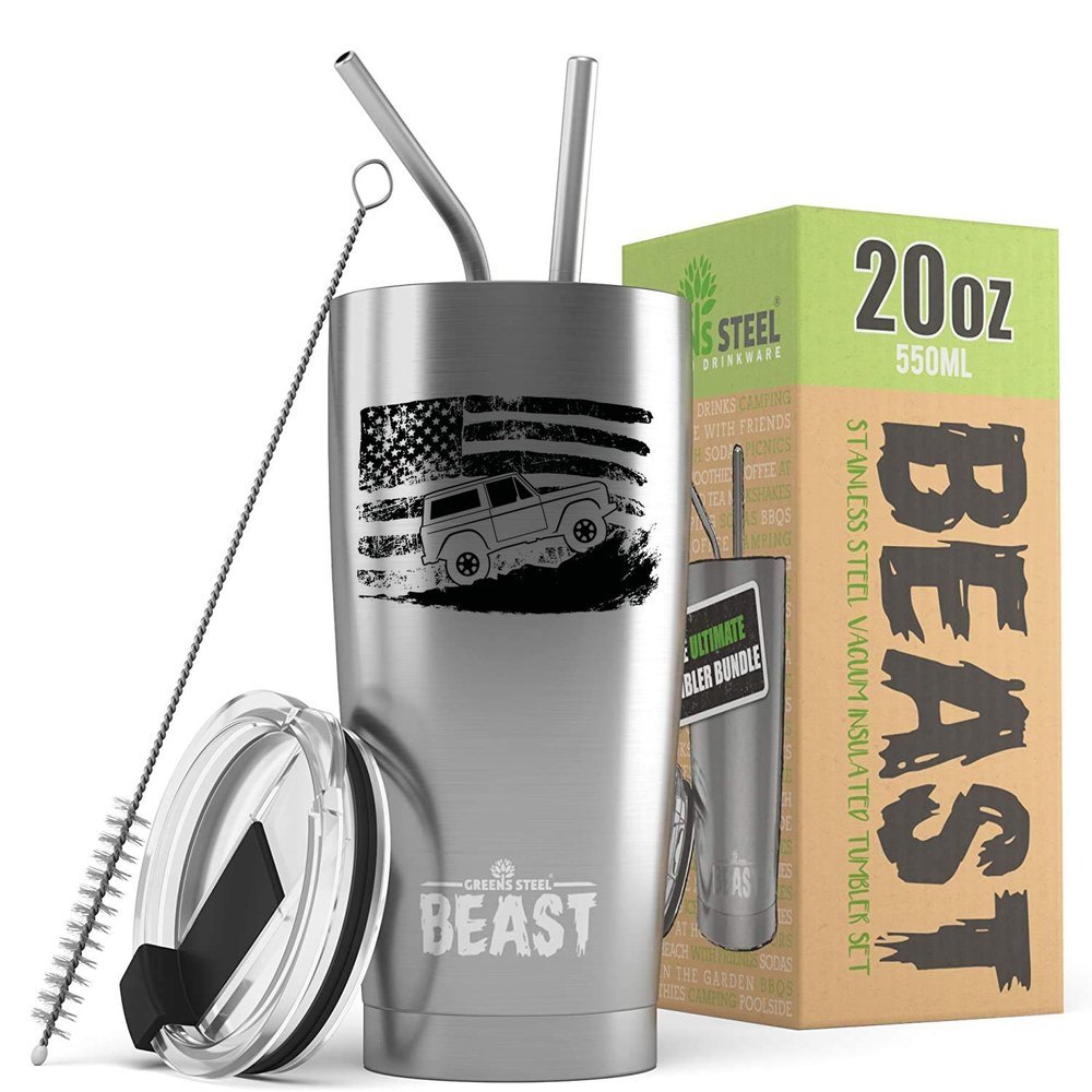 1966-77 Ford Bronco 4x4 American Flag BEAST 20 oz Stainless Steel Insulated Tumbler w/Lid, 2 Straws, Brush and Gift Box stainless