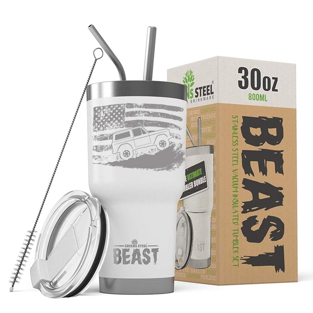 1966-77 Ford Bronco 4x4 American Flag BEAST 30 oz Stainless Steel Insulated Tumbler w/Lid, 2 Straws, Brush and Gift Box white