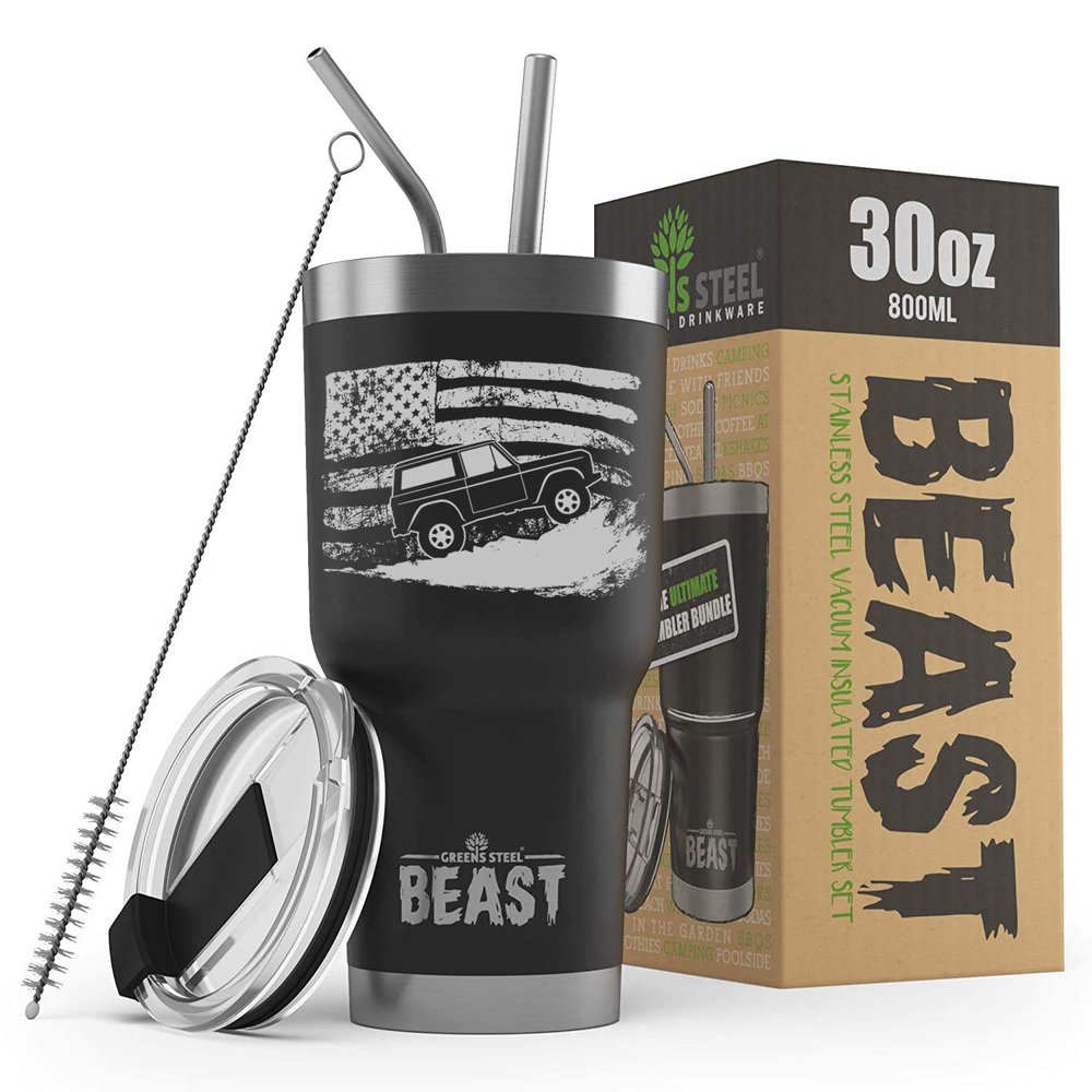 1966-77 Ford Bronco 4x4 American Flag BEAST 30 oz Stainless Steel Insulated Tumbler w/Lid, 2 Straws, Brush and Gift Box black