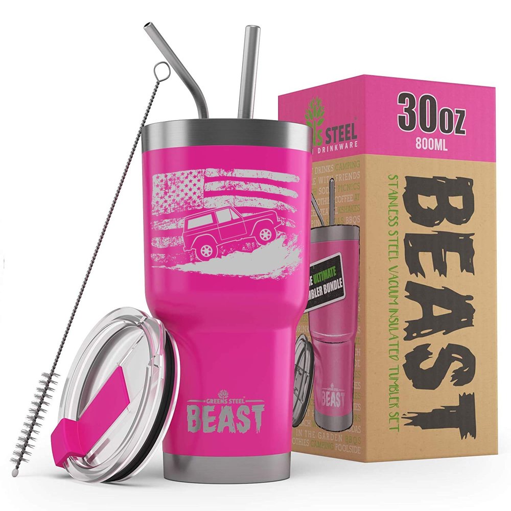 1966-77 Ford Bronco 4x4 American Flag BEAST 30 oz Stainless Steel Insulated Tumbler w/Lid, 2 Straws, Brush and Gift Box hotpink
