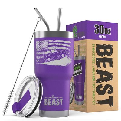 1966-77 Ford Bronco 4x4 American Flag BEAST 30 oz Stainless Steel Insulated Tumbler w/Lid, 2 Straws, Brush and Gift Box purple