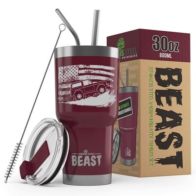1966-77 Ford Bronco 4x4 American Flag BEAST 30 oz Stainless Steel Insulated Tumbler w/Lid, 2 Straws, Brush and Gift Box maroon