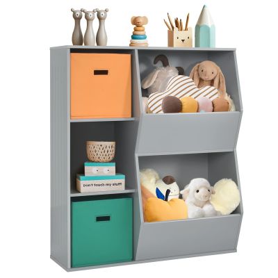 Costzon 5 Cubbies Kids Toy Storage Organizer with Bookcase, Children Bookshelf and Toy Storage Bins for Toddlers, Wooden Storage Cabinet for Play Room Living Room Nursery Daycare (Gray)