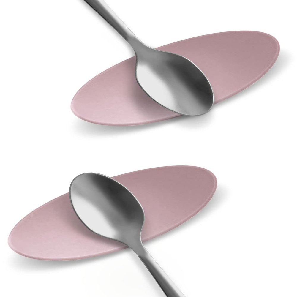 Carrotez Small Silicone Coffee Spoon Rest 2 pcs (0.2" x 1.6" x 3.74"), Spoon Holder Flexible almond-Shaped for Next to Coffee Maker - Kitchen Utensil Rest, Pink