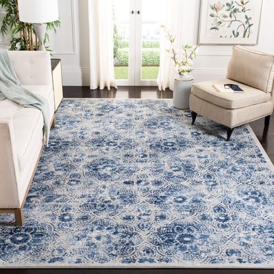 Martha Stewart x SAFAVIEH Area Rug Collection - 8' Square, Cream & Blue, Floral Pattern, Non-Shedding & Easy Cleaning, Ideal for Living Room, Bedroom, Office, Dining Space (MSR2862D)