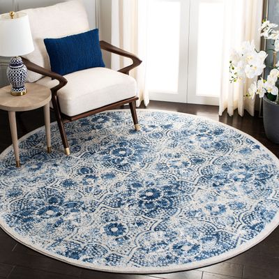 Martha Stewart x SAFAVIEH Area Rug Collection - 8' Round, Cream & Blue, Floral Pattern, Non-Shedding & Easy Cleaning, Ideal for Living Room, Bedroom, Office, Dining Space (MSR2862D)
