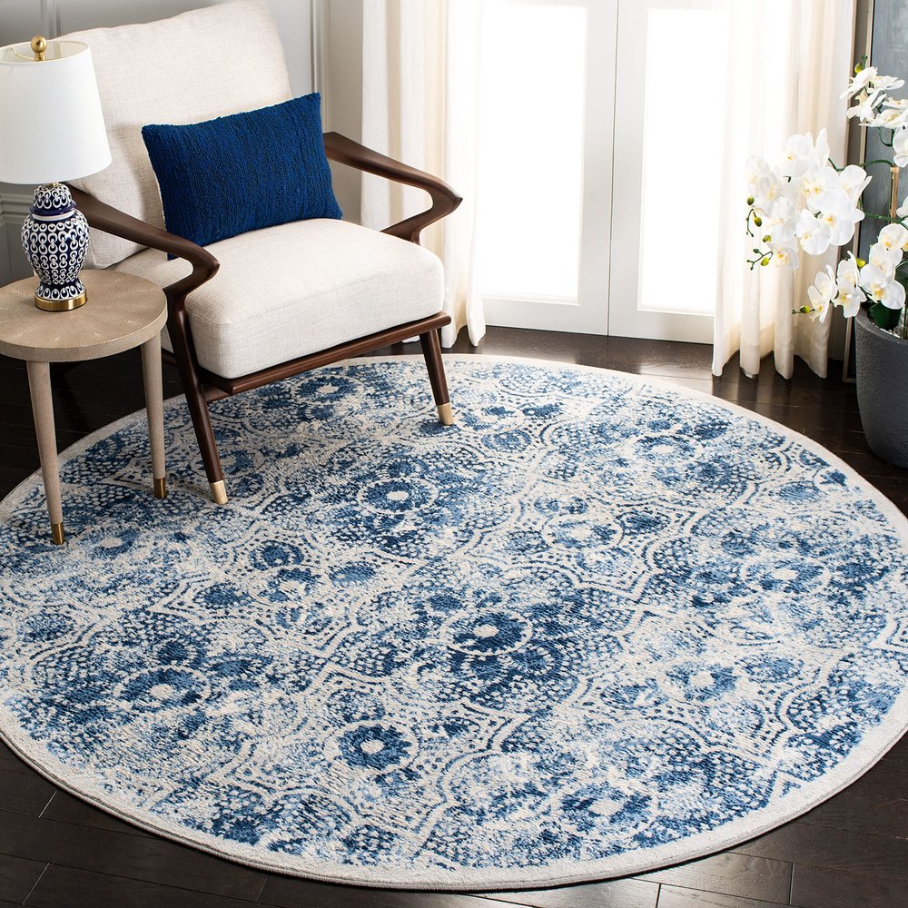 Martha Stewart x SAFAVIEH Area Rug Collection - 8' Round, Cream & Blue, Floral Pattern, Non-Shedding & Easy Cleaning, Ideal for Living Room, Bedroom, Office, Dining Space (MSR2862D)