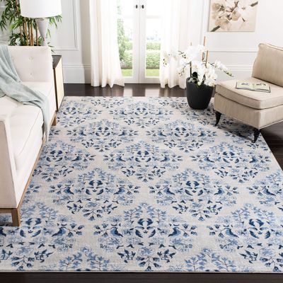 Martha Stewart x SAFAVIEH Area Rug Collection - 8' Square, Cream & Blue, Floral Pattern, Non-Shedding & Easy Cleaning, Ideal for Living Room, Bedroom, Office, Dining Space (MSR2856D)