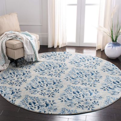 Martha Stewart x SAFAVIEH Area Rug Collection - 4' Round, Cream & Blue, Floral Pattern, Non-Shedding & Easy Cleaning, Ideal for Living Room, Bedroom, Office, Dining Space (MSR2856D)