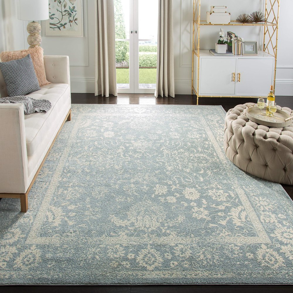 SAFAVIEH Adirondack Collection Area Rug - 4' Square, Slate & Ivory, Distressed Vintage Floral Design, Non-Shedding & Easy to Clean, Ideal for Living Room, Bedroom, Dining Space (ADR109T)