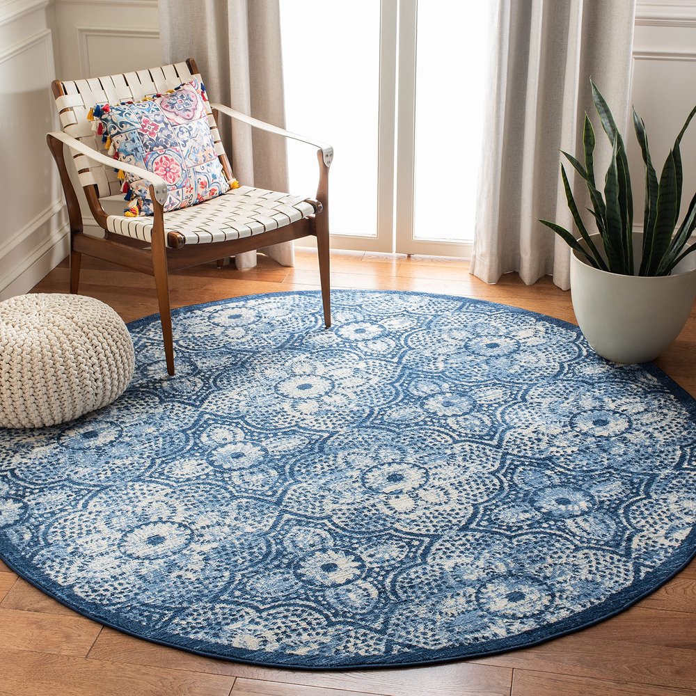 Martha Stewart x SAFAVIEH Area Rug Collection - 4' Round, Navy & Cream, Floral Pattern, Non-Shedding & Easy Cleaning, Ideal for Living Room, Bedroom, Office, Dining Space (MSR2862N)