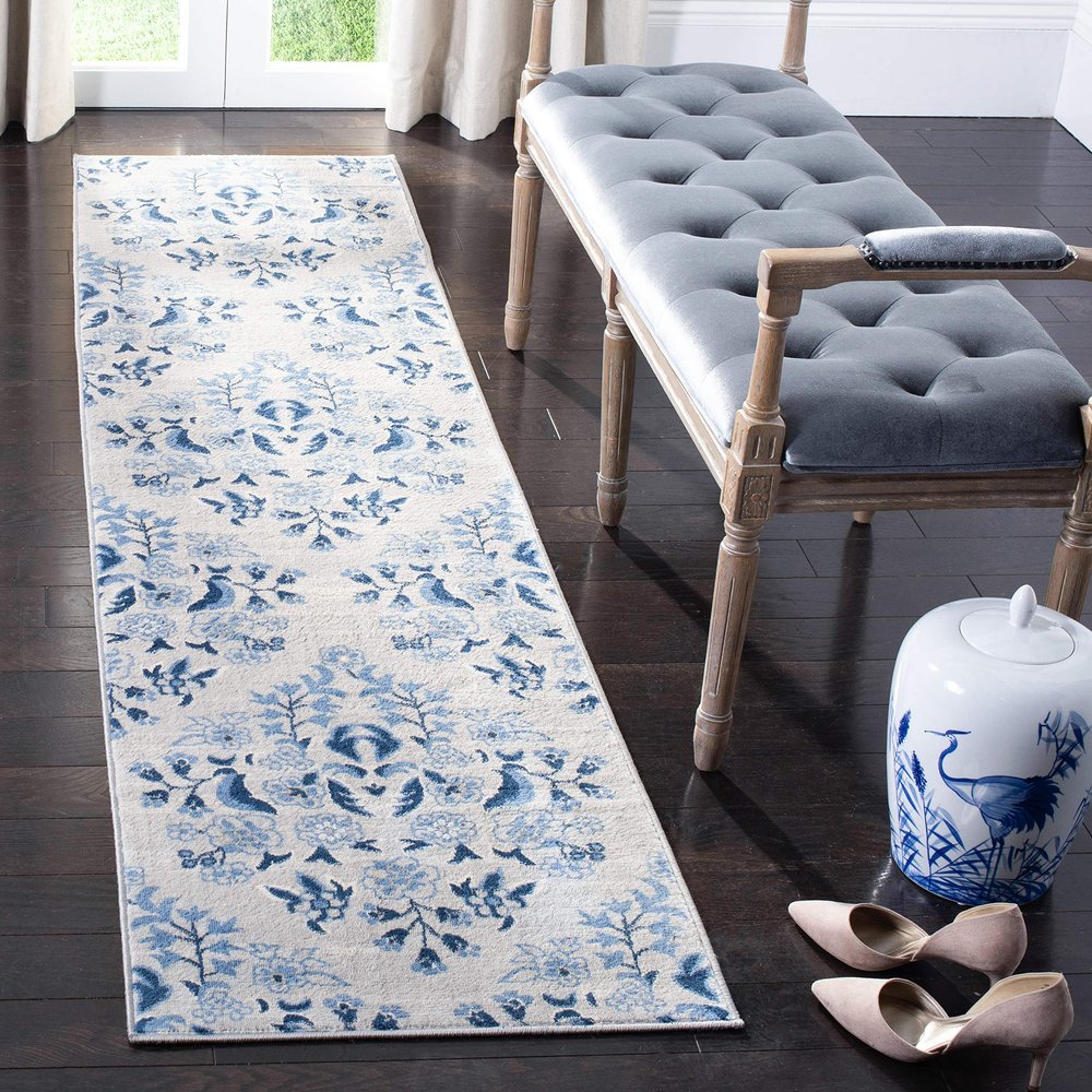 Martha Stewart x SAFAVIEH Area Rug Collection - 2' x 12' Runner, Cream & Blue, Floral Pattern, Non-Shedding & Easy Cleaning, Ideal for Living Room, Foyer, Bedroom, Hallway (MSR2856D)