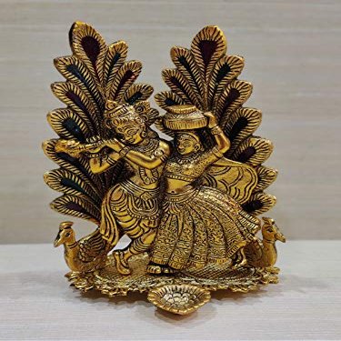 GiftNagri Gold Plated Metal Hindu God Peacock Design Radha Krishna Idol Murti with Diya for Puja Worship Home Temple Office Dcor