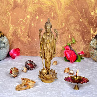 AONA Brass Lord Vishnu Standing Statue, Height 12 inches I Home Decor