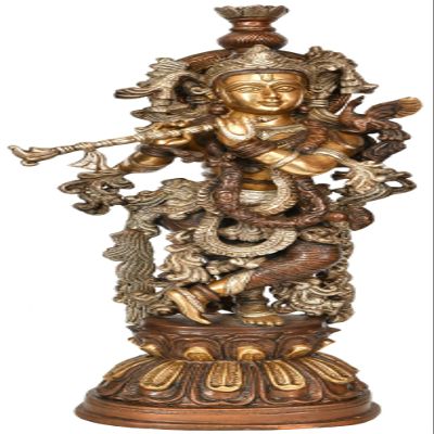 AONA Krishna Statue - Brass Idol - Krishna with Flute -Copper Silver Gold Color - 20 inches