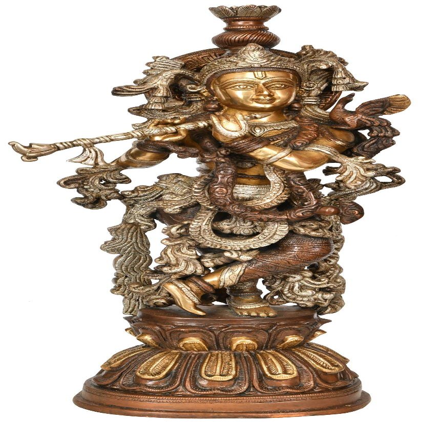 AONA Krishna Statue - Brass Idol - Krishna with Flute -Copper Silver Gold Color - 20 inches