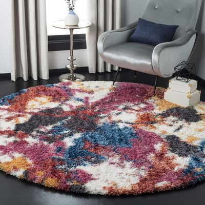 SAFAVIEH Gypsy Shag Collection Area Rug - 4' Round, Ivory & Blue, Abstract Design, Non-Shedding & Easy Care, 2-inch Thick Ideal for High Traffic Areas in Living Room, Bedroom (GYP521B)