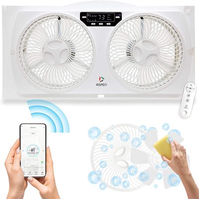 Aspen Smart Window Dual Fan | WiFi App Controlled 3 Speed + Multi-Function Detachable Blades Easy Clean Reversible Air Flow Twin Window Fan | Compatible with Alexa, Google Assistant