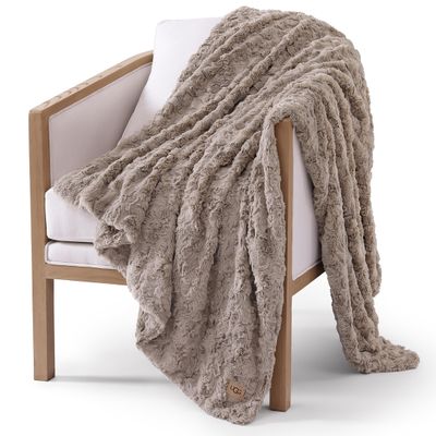UGG Adalee Faux Fur Throw Blanket Luxury Lightweight Cozy Soft Throw for Couch Bed or Chair Hypoallergenic Machine Washable Double-Sided Fluffy Blanket Home Decor, 50-inch x 70-inch, Oyster Brown