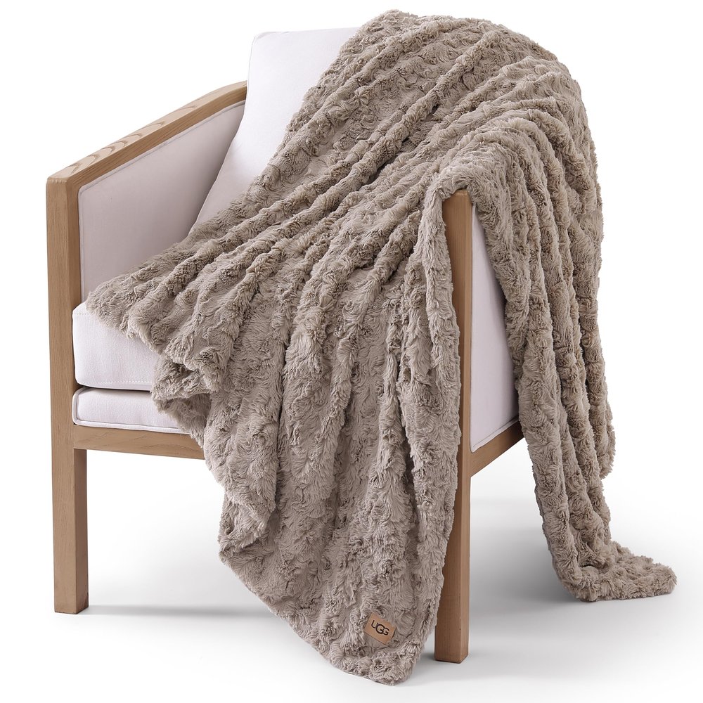 UGG Adalee Faux Fur Throw Blanket Luxury Lightweight Cozy Soft Throw for Couch Bed or Chair Hypoallergenic Machine Washable Double-Sided Fluffy Blanket Home Decor, 50-inch x 70-inch, Oyster Brown