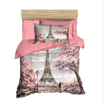 100% Cotton Paris Bedding Set, Eiffel Tower Themed Twin Size Quilt/Duvet Cover Set, Pink Bed Set, No Flat or Fitted Sheet (4 Pieces Comforter Included)