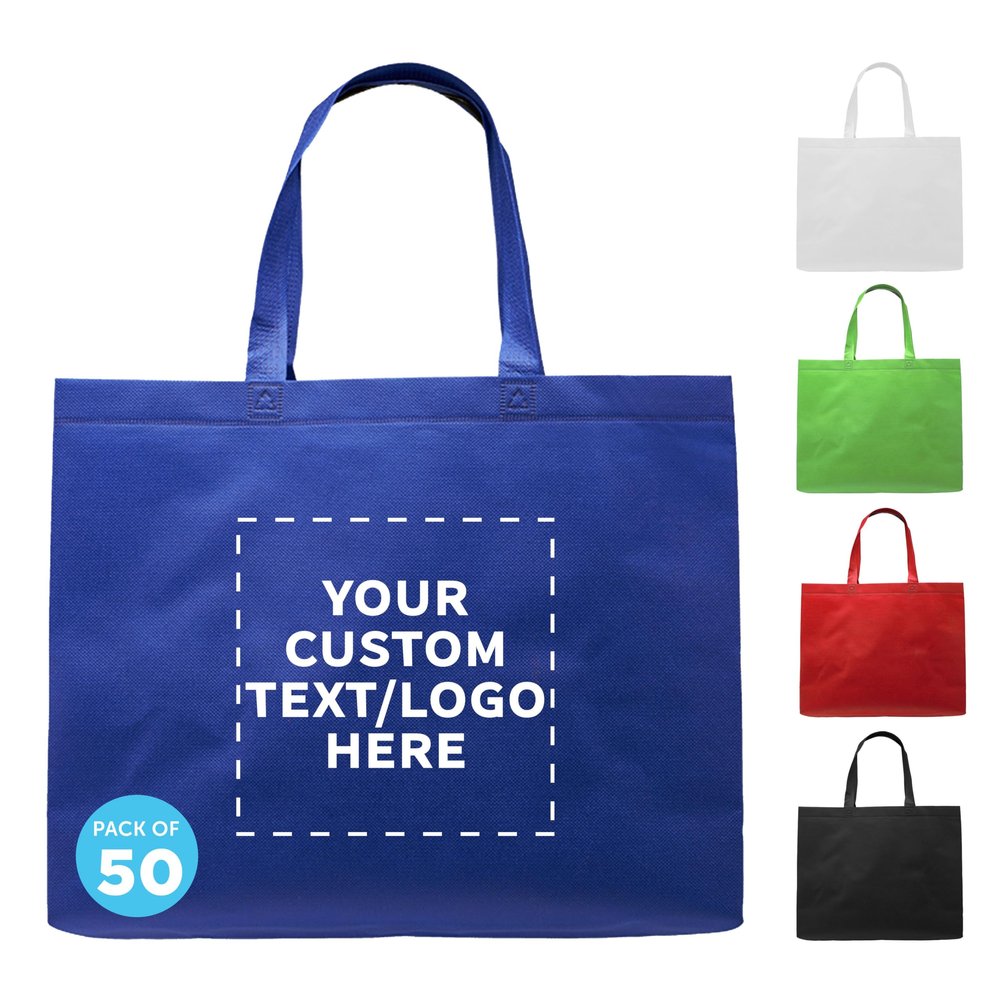 DISCOUNT PROMOS Custom Jumbo Sized Tote Bags Set of 50, Personalized Bulk Pack - Reusable Grocery Bags, Shopping Bags, Promotional Item Totes for Women - Blue