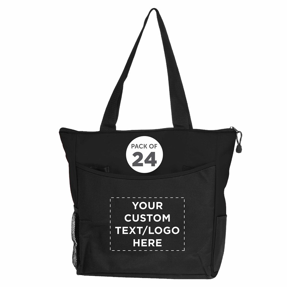 DISCOUNT PROMOS Custom Beach Tote Bag with Mesh Pockets Set of 24, Personalized Bulk Pack - Reusable, Great for Picnic, Camping, Beach, Outdoor Activities - Black