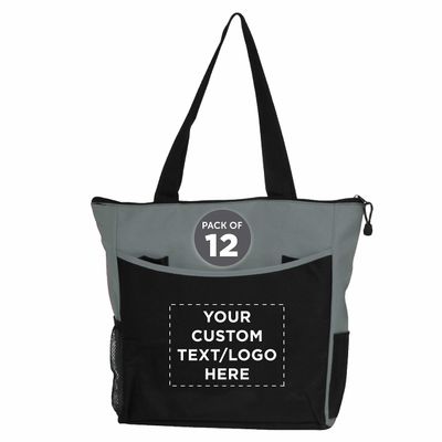 DISCOUNT PROMOS Custom Beach Tote Bag with Mesh Pockets Set of 12, Personalized Bulk Pack - Reusable, Great for Picnic, Camping, Beach, Outdoor Activities - Grey