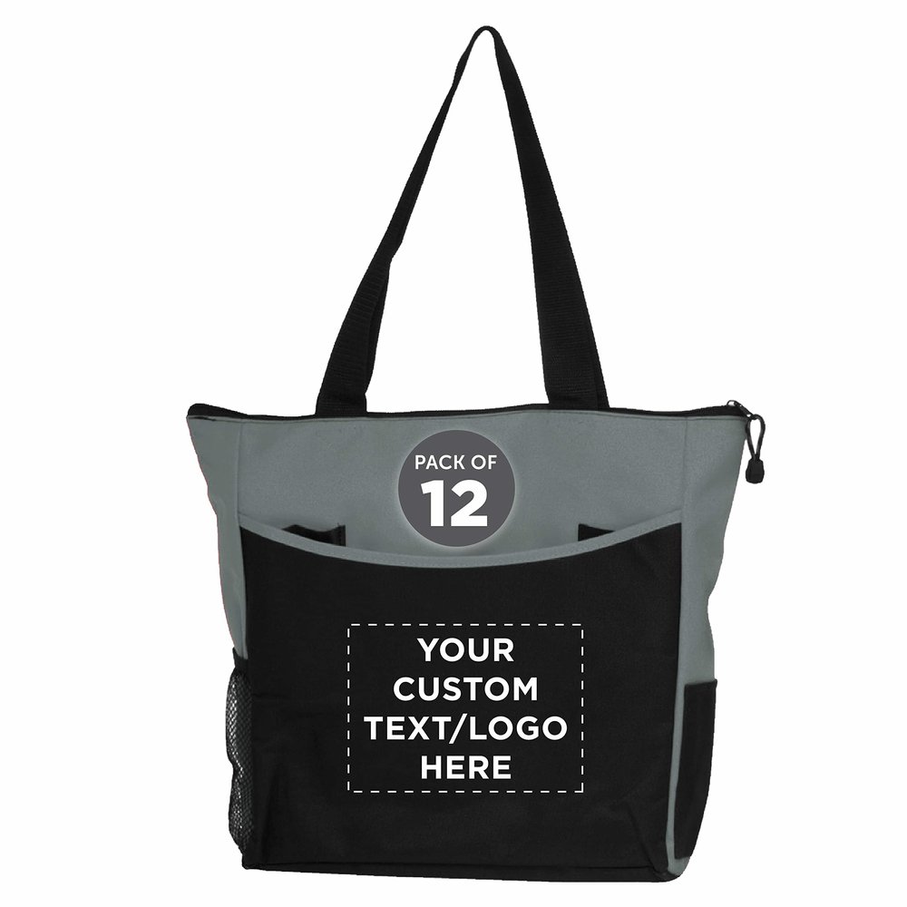 DISCOUNT PROMOS Custom Beach Tote Bag with Mesh Pockets Set of 12, Personalized Bulk Pack - Reusable, Great for Picnic, Camping, Beach, Outdoor Activities - Grey