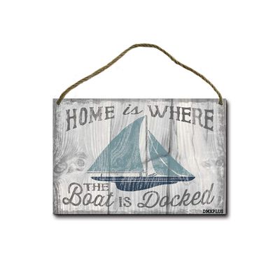 LERJIMUX Home is Where The Boat is Docked Wood Hanging Plaque with Rope, Wooden Sign for Outdoor use - Rustic Entryway, Porch, Door Hanger - 8x12 Inch